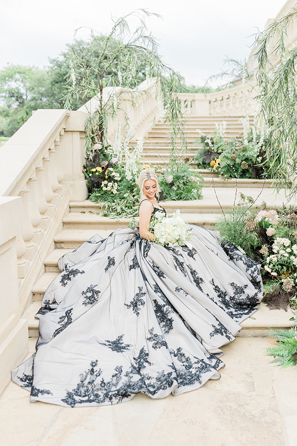 European wedding inspiration, non-traditional wedding gown, Maggie Sottero gown, black lace wedding gown, bridal portraits, wedding portraits