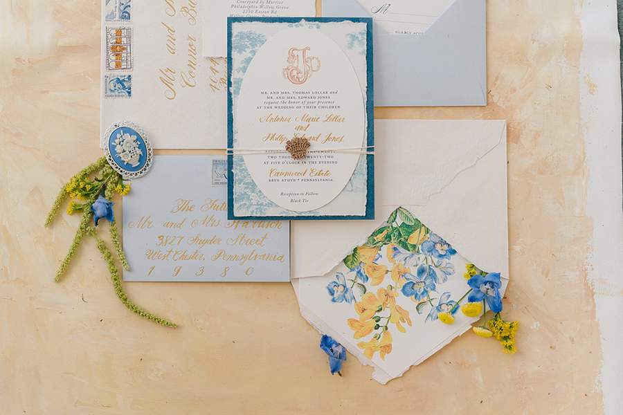 custom blue wedding stationery with vintage elements designed by Elephant Limbo