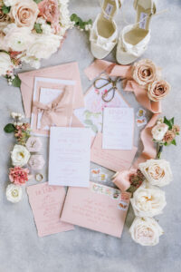 blush wedding invitations, wedding invitation flat lay